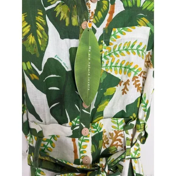 Farm Rio XXS Green white Tropical Leaf Print Jumpsuit Linen Resort Anthropologie - Picture 6 of 16
